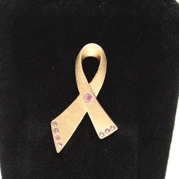 Avon Gold Ribbon Pink Rhinestone Breast Cancer Awareness Pin Brooch - Picture 1 of 5